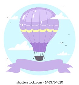 Colorful  air balloons or aerostat with basket with ribbon flying in sky with clouds. Vector illustration of traveling flying toy for poster, wallpapers, cards