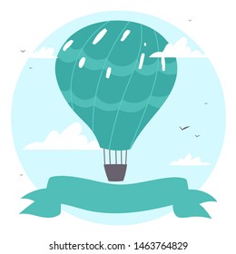 Colorful  air balloons or aerostat with basket with ribbon flying in sky with clouds. Vector illustration of traveling flying toy for poster, wallpapers, cards