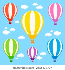 Colorful air balloons in the blue sky with clouds. Beautiful hot air balloons of various colors fly traveling in the air. Vector illustration