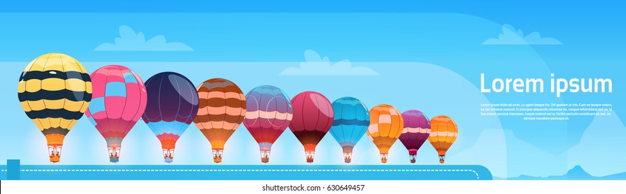 Colorful Air Balloons Flying In Day Sky Banner Flat Vector Illustration