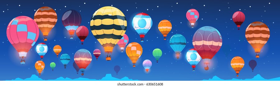 Colorful Air Balloons Flying In Night Sky Banner Flat Vector Illustration