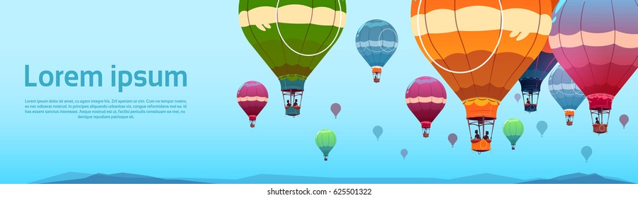Colorful Air Balloons Flying In Sky Over Summer Landscape Flat Vector Illustration