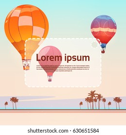 Colorful Air Balloons Flying In Sky On Beach Banner Flat Vector Illustration