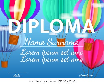 Colorful air balloons on a blue sky. Diploma. Vector illustration