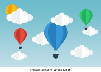 Colorful Air Balloons on sky with cloud. Paper art.