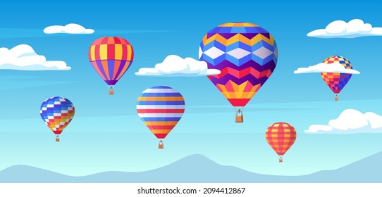 Colorful air balloons parade in the blue sky vector illustration