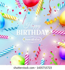 Colorful air balloons and sparkling candles. 
Birthday, anniversary or celebration template.