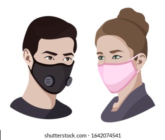 Colorful air pollution face masks set isolated, asian man and woman wearing medical virus mask, coronavirus protection and healthcare, vector illustration.