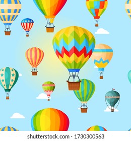 Colorful airballoon  pattern  air transport for travel  leisure   entertainment  design  flat style vector illustration  Bright seamless pattern textile industry  balloons flying across sky outdoor 