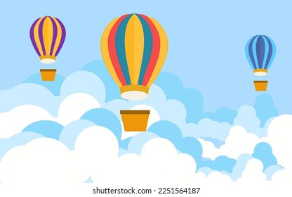 Colorful airballoon, pattern, air transport for travel, leisure and entertainment, design, flat style vector illustration. Bright seamless pattern textile industry, balloons flying across sky outdoor.