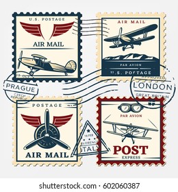 Colorful aircraft postage square stamps set with airplanes and round postmarks in retro style isolated vector illustration