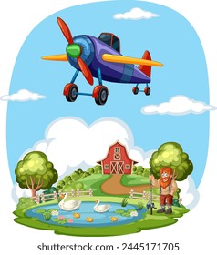 Colorful aircraft soaring above a rural landscape.