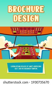 Colorful airplane cockpit isolated flat vector illustration. Two cartoon pilots sitting inside plane cabin in front of control panel. Flight crew and aircraft concept