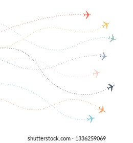 Colorful Airplane Line Path. Dotted Lines Flight Paths Of Airline.