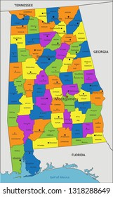 Colorful Alabama political map with clearly labeled, separated layers. Vector illustration.