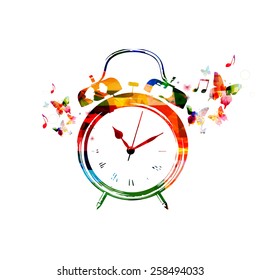 Colorful alarm clock background with butterflies
