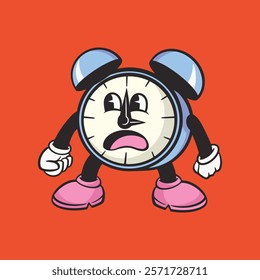 Colorful alarm clock cartoon character vector illustration, Alarm clock cartoon character, colorful retro illustration vector, Retro alarm clock character vector illustration. Retro character vector e