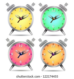 Colorful alarm clock isolated on white background, vector illustration