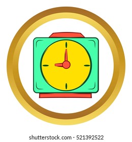 Colorful alarm clock vector icon in golden circle, cartoon style isolated on white background