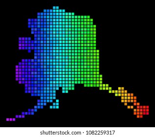 Colorful Alaska Map. Vector geographic plan in luminous rainbow color tints on a black background. Abstract Alaska Map mosaic is done of color dot elements.