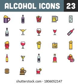 Colorful Alcohol 23 Icons on White Background.