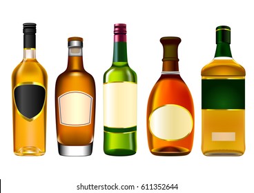 Colorful alcohol bottle set isolated on white