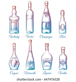 Colorful alcohol bottles collection isolated on white background. Vector illustration