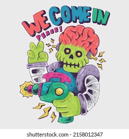 El colorido alienígena Gran Cerebro trae pistola láser diciendo que estamos en paz con el dibujo de lápiz Línea Estilo de arte