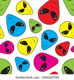 Colorful alien faces on white background seamless pattern for wrapping, wallpaper, textile, paper, fashion and more. Vector illustration.