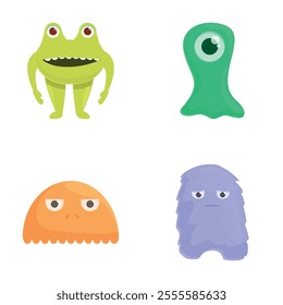 Colorful alien icons set cartoon vector. Fun space alien or monster. Cartoon character