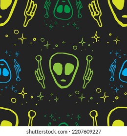 Colorful Alien seamless pattern on black