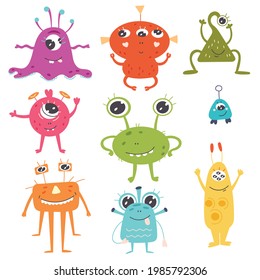 Colorful alien space monsters, ufo cosmos mutant. Vector set alien creatures for kids