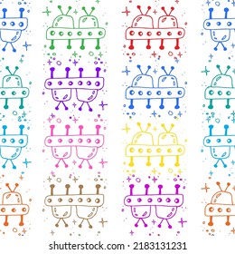 Colorful alien spaceship doodle illustration seamless pattern