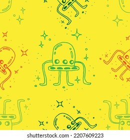 Colorful Alien spaceship doodle seamless pattern on yellow background