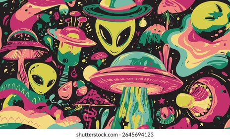 Colorful aliens fly through surreal psychedelic mushroom wonderland