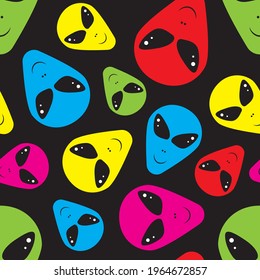 Colorful aliens on black background seamless pattern for wrapping, wallpaper, textile, paper, fashion and more. Vector illustration.