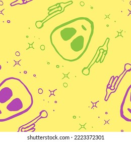 Farbige Aliens nahtloses Muster auf Gelb