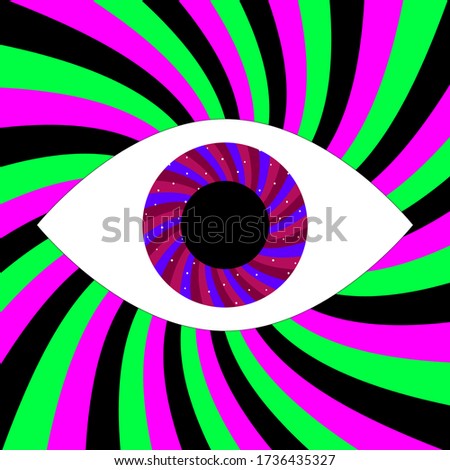 Colorful all seeing eye digital vector art with multicolored sunburst background.