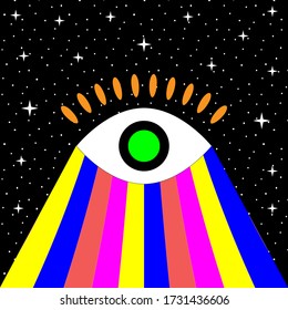 Colorful all seeing eye flat design with stars and dots background vector art.