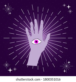 Colorful all seeing eye on a hand with stars background design, esoteric vector art