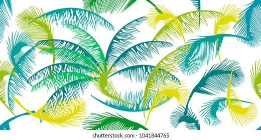 Colorful aloha pattern. Seamless vector print with palm leaves. On white background.