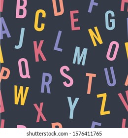 Colorful alphabet abc letters seamless pattern for kids in minimal trendy style on dark background. Design for wrapping, post cards, t-shirt print, blog cover. Stock vector illustration.