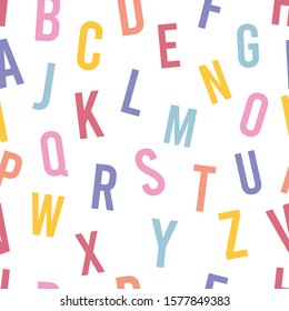 Colorful alphabet abc letters seamless pattern for kids in minimal trendy style. Isolated on white background. Design for wrapping, post cards, t-shirt print, blog cover. Stock vector illustration.