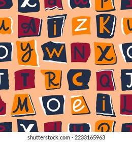 Colorful alphabet background. Seamless pattern with paper cut letters. Text cutting from newspapers and magazines. Vector flat illustration