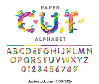 Colorful alphabet consisting of flowers and leaf, abstract paper cut shapes or liquid paint. Vector illustration.