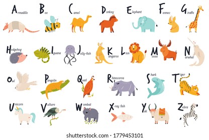 Colorful alphabet with cute funny animals. English letters. Vector illustration