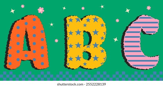 Colorful alphabet design with polka dots, stripes and stars for children's books, learning and decor