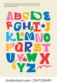 colorful alphabet with different colors and letters like letters. cartoon game English alphabet.