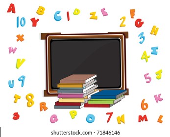 colorful alphabet, digits background with books, black board