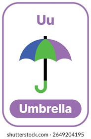Cartão colorido alfabeto com ilustração bonito. Perfeito para fonia, pré-escola, jardim de infância, aulas escolares, educação ESL, planilhas, cartazes e aplicativos de aprendizagem.